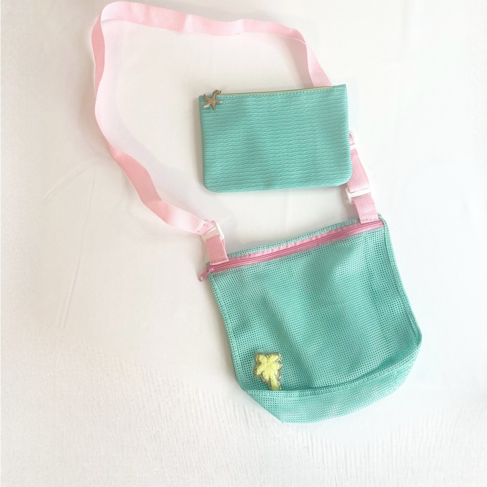 Beach Essentials Mint and Pink Kids Crossbody Mesh Bag & Nylon Zipper Pouch Set